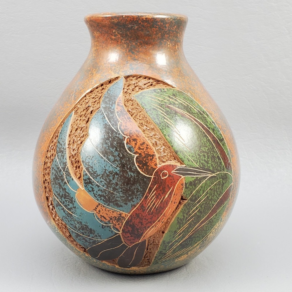 Costa Rica Art Pottery Vase Engraved Hand Crafted Double Sided Fish & Bird 4.5"